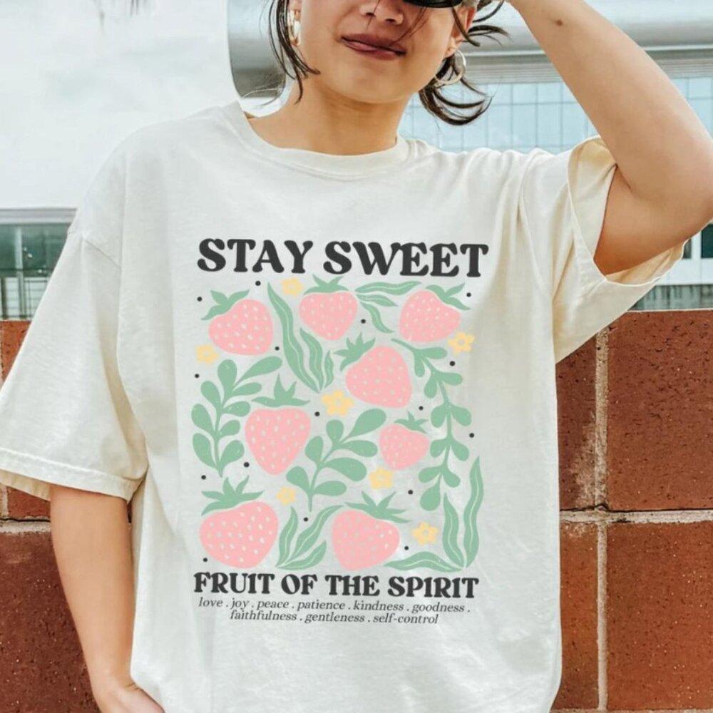 Stay Sweet Fruit Of The Spirit Shirt, Boho Christian Strawberry Shirt, Bible 166